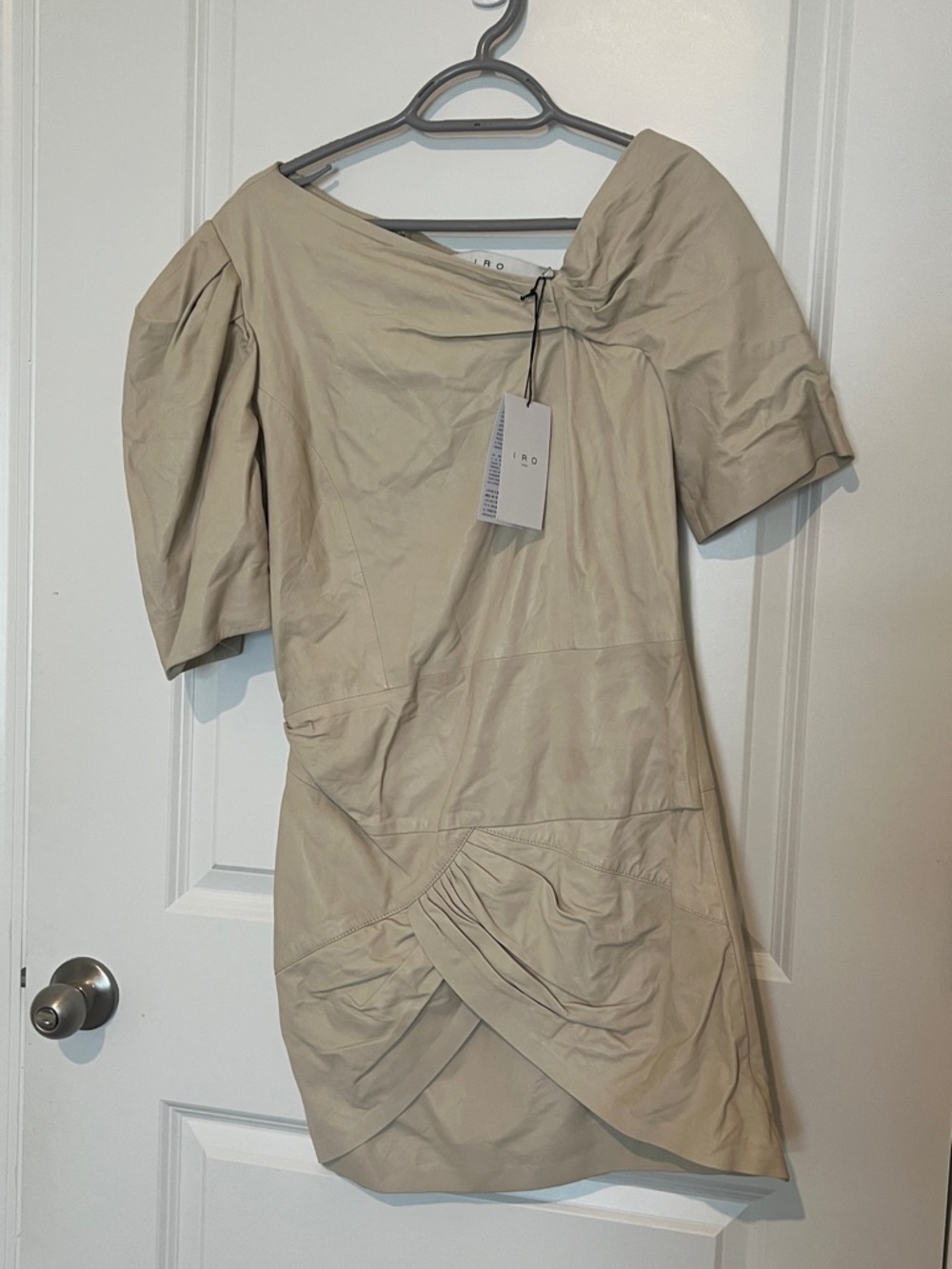 IRO Neutral Beige One-Shoulder Draped Mini Dress